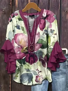 Plus Size Floral Print Top, V Neck Ruffle Bell Sleeve Loose Chiffon Shirt, Comfortable Summer Casual Wear, Vintage Style, Slimming Effect