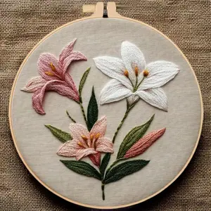 Beginner Embroidery Kit, Needle Crafts Kit, Elegant Cross Stitch Set, 3 Lily Designs, DIY Embroidery Supplies, Includes Printed Cotton Fabric, Thread, Needle, Chart