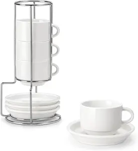 Espresso Cups with Saucers and Metal Stand Set of 4, Stackable Cappuccino Cups, White Expresso Shots Cup Set for Coffee Drinks 2.5 OZ Porcelain Espresso Cups