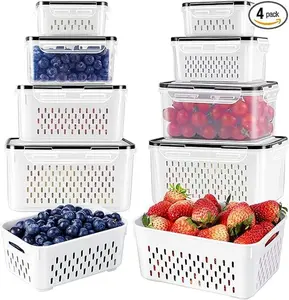 4 Pack Fruit Storage Containers for Fridge with Removable Colander – Airtight Produce Saver Boxes, Dishwasher Safe Food Containers to Keep Fruits, Berries & Vegetables Fresh Longer