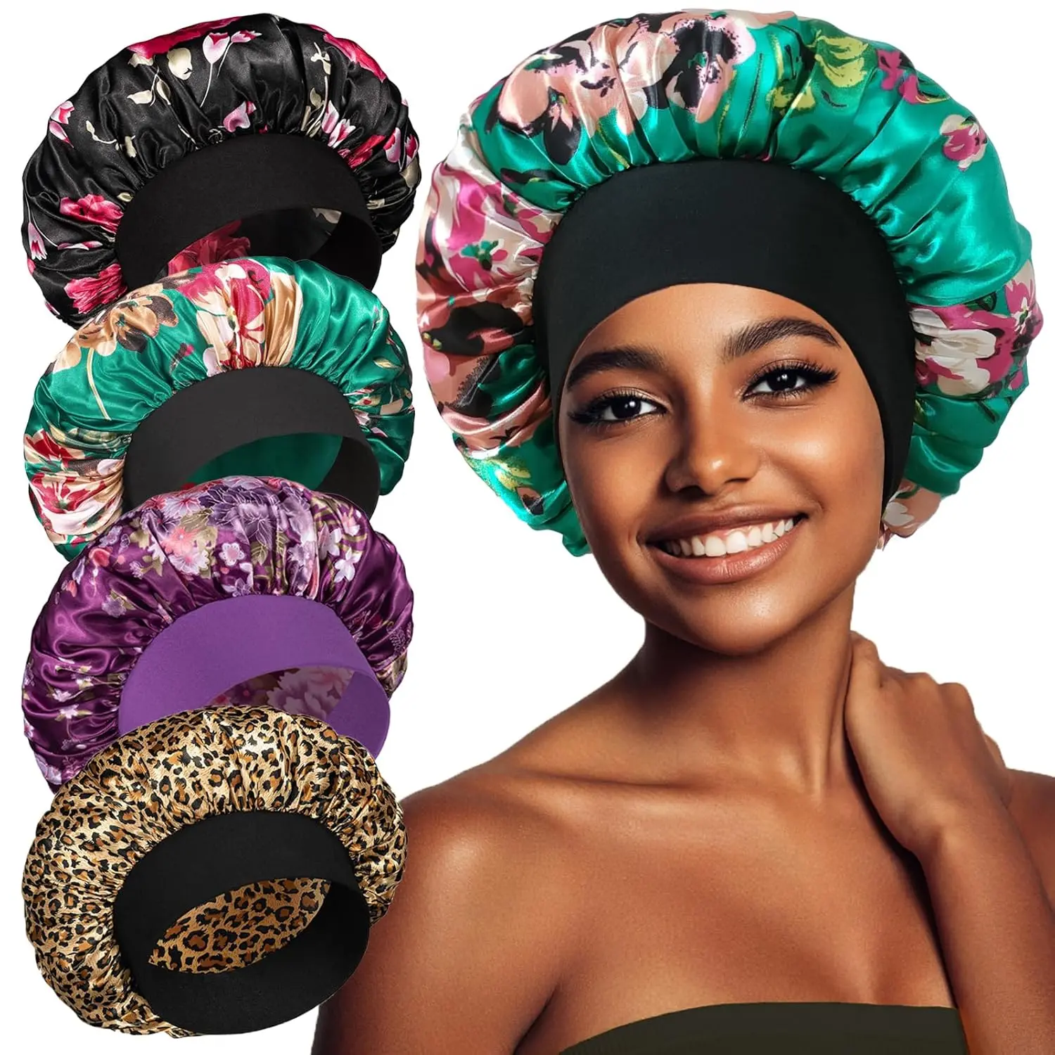 4 count Satin Bonnet, Bonnets for Women, Silk Hair Bonnet for Sleeping, Wide Band Sleep Cap for Curly Hair Braids