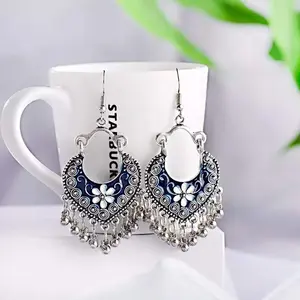 Boho Vintage Style Dangle Craft Fashion Earrings with Blue and White Design and Beaded Accents
