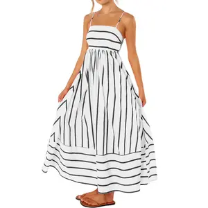 Chouyatou Women's  summer outfits Striped Back Smocked Maxi Dress Sexy Spaghetti Strap Cut Out Flowy Swing Long Dress