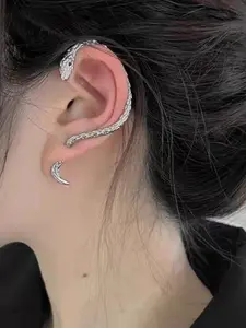 Boho Punk Snake Ear Cuff Earring, Retro Dark Cold Style Unique Hip Hop Jewelry, All-Season Silver Color Accessory