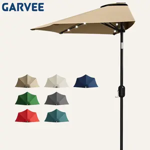 Patio Umbrella 9FT - Half Umbrella Outdoor with Solar LED Lights and Smooth Crank Lift, Outdoor Shade Canopy for Patio, Backyard, Garden, Deck, Balcony