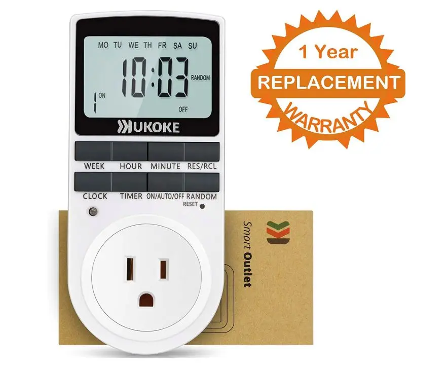 Ukoke Digital Programmable Electrical Timer Outlet Switch Plug - 7-Day Setup, Energy Saving, Manual Override, Battery Backup, On and Off Switch, Protect the Environment for Fan, Home Lighting (Plug into Outlet)