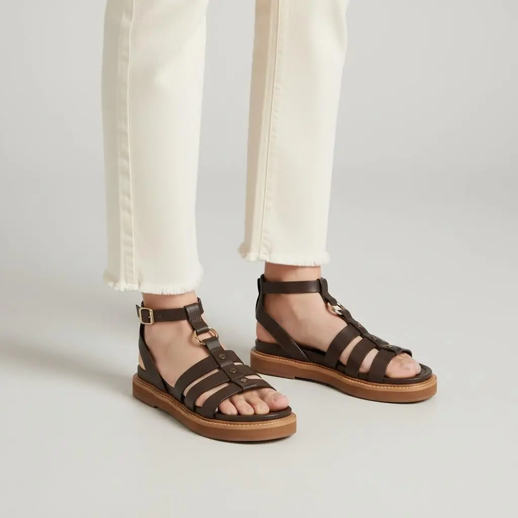 TDD Women's Plain Leather Gladiator Sandals, Lightweight Casual Flats with Adjustable Buckle Strap and Slip-Resistant Rubber Sole, Cow Hide, Open Toed Sandals, Slip Resistant Shoes, Casual Wear, Leather Insole, Adjustable Strap, Low Wedge, Ankle
