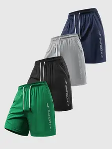 4 Piece Sport Shorts Set, Gym Training Outdoor Running, Fitness Run Enthusiasts, Vertical Letter Lightning Pattern, Quick-Dry Breathable Fabric, Athletic Wear Shorts