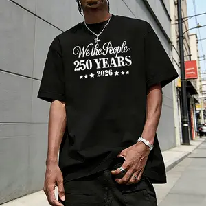 Retro “We the People” letter print T-shirt, 250th anniversary commemorative theme with five-pointed star decorations, minimalist and stylish, pure cotton loose fit, street-style men’s short sleeves, versatile casual top for everyday wear