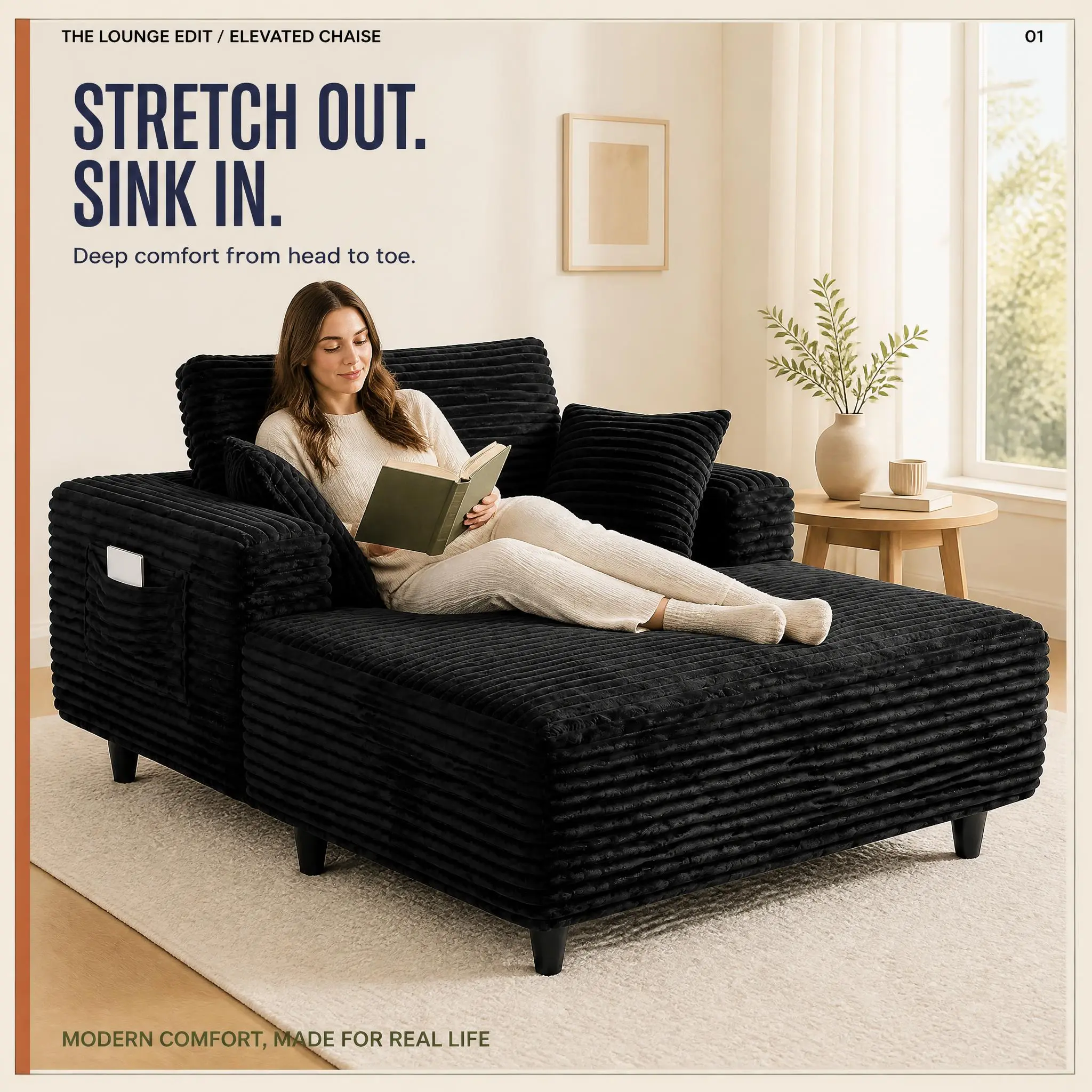 63.78 in Oversized Chaise Lounge Chair with Short Legs, Plush Ribbed Flannel Floor Sofa, Side Pockets and Pillows for Reading Bedroom Apartment