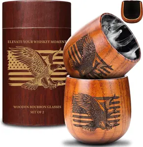 Original Charred Wooden Bourbon Drinking Glass, 11oz Handcrafted Engraved Wood Glass for Men | Unique Unbreakable Whiskey Glass for Dad, Brother, Husband