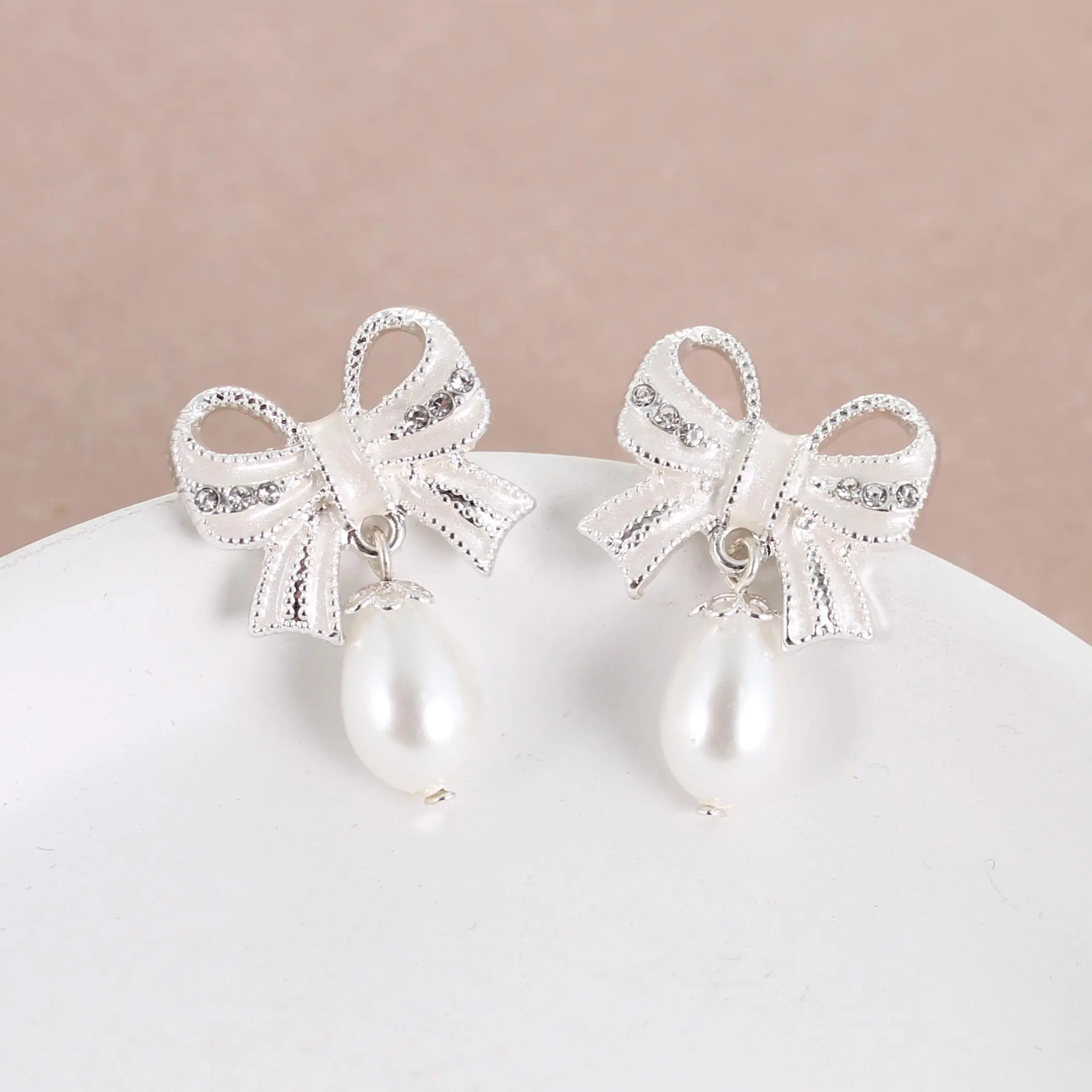 Crystal Bow w/ Dangle Pearl Bead Earrings