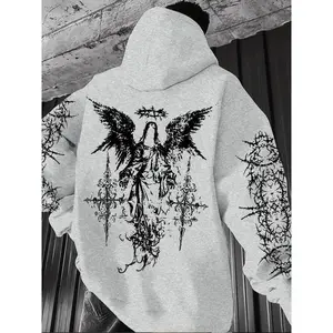 Gothic angel tattoo print hoodie, soft and comfortable home casual wear, dark street style, perfect for relaxing at home and out in the city GARMENTARY