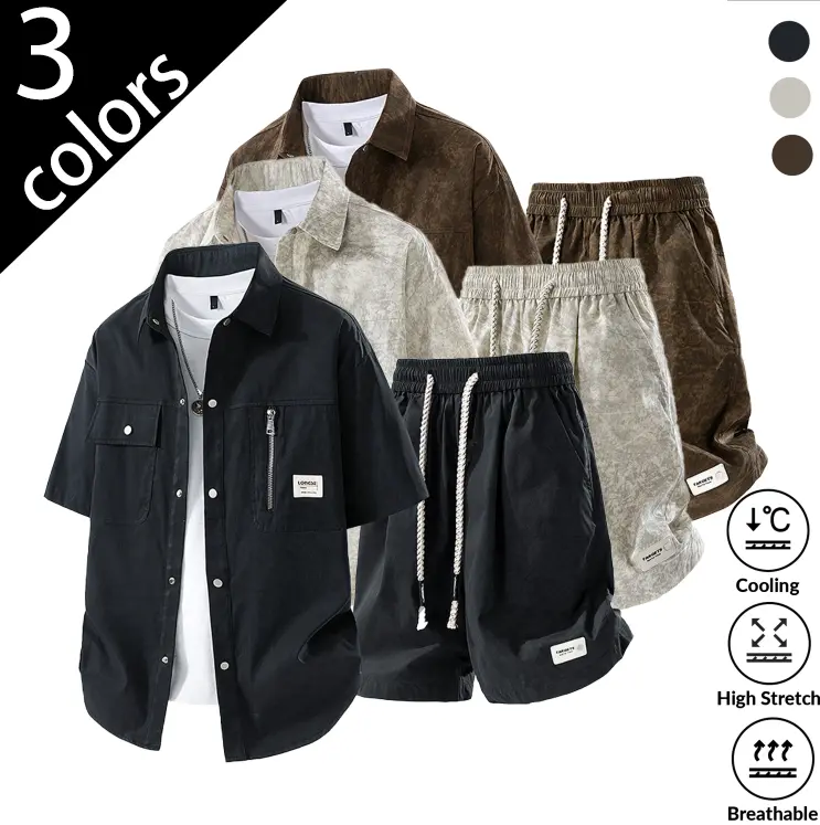 2026 Summer Men Detroit 2-Piece Shirt & Shorts Set, American Retro Clean Fit Tie Dye Workwear, Loose Casual Fashion Cargo Outfit, Trendy Streetwear Soft Breathable Fabric, Daily Outdoor Holiday All-match Two Piece Tracksuit for Men Summer Shorts