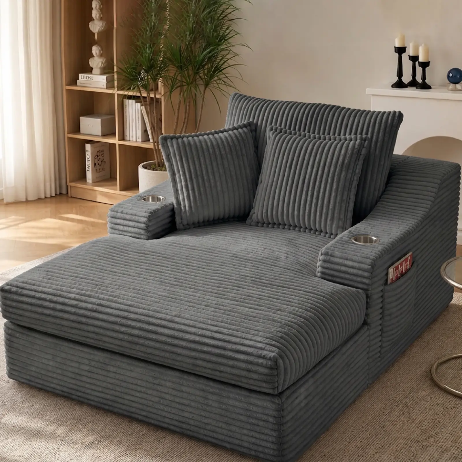 67.7“Oversized Corduroy Chaise Lounge Chair Boneless Sofa Bed, Deep Seat Floor Lounger Recliner Cloud Couch with Cup Holder & Storage Pocket for Living Room, Bedroom, Apartment