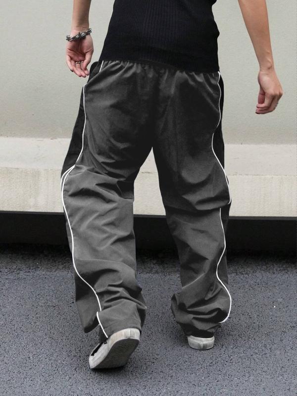 Men's Black Colorblock Sweatpants with White Side Stripes & Embroidered Design for Gym Wear, Loose Athletic Long Pants, Sporty Elegance, Drawstring Waist, Straight Leg Cut, Trendy Street Fashion Joggers Sports Menswear Embroidery Embroidery Tracksuit