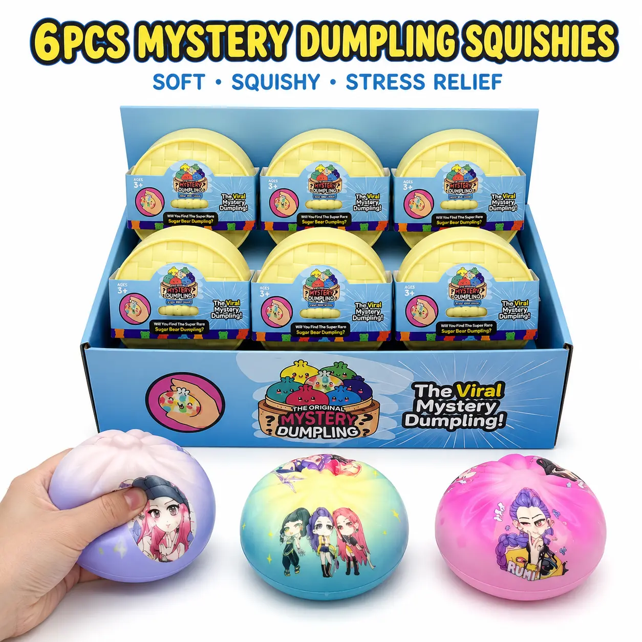 6PCS Mystery Dumpling Squishy Toys, Surprise Capsule Squeeze Toy Set with Cute Colorful Cartoon Designs, Soft Fidget Play for Kids Ages 3+, Approx. 3.94 x 2.36 in Capsules, Party Favors, Classroom Prizes, Birthday Gifts and Stocking Stuffer Ideas