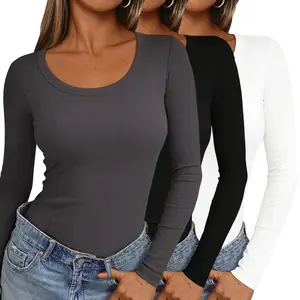 Women’s 3 Pack Long Sleeve Knit Tops – Round Neck Textured, Fitted Stretch Base Layer for Outfits