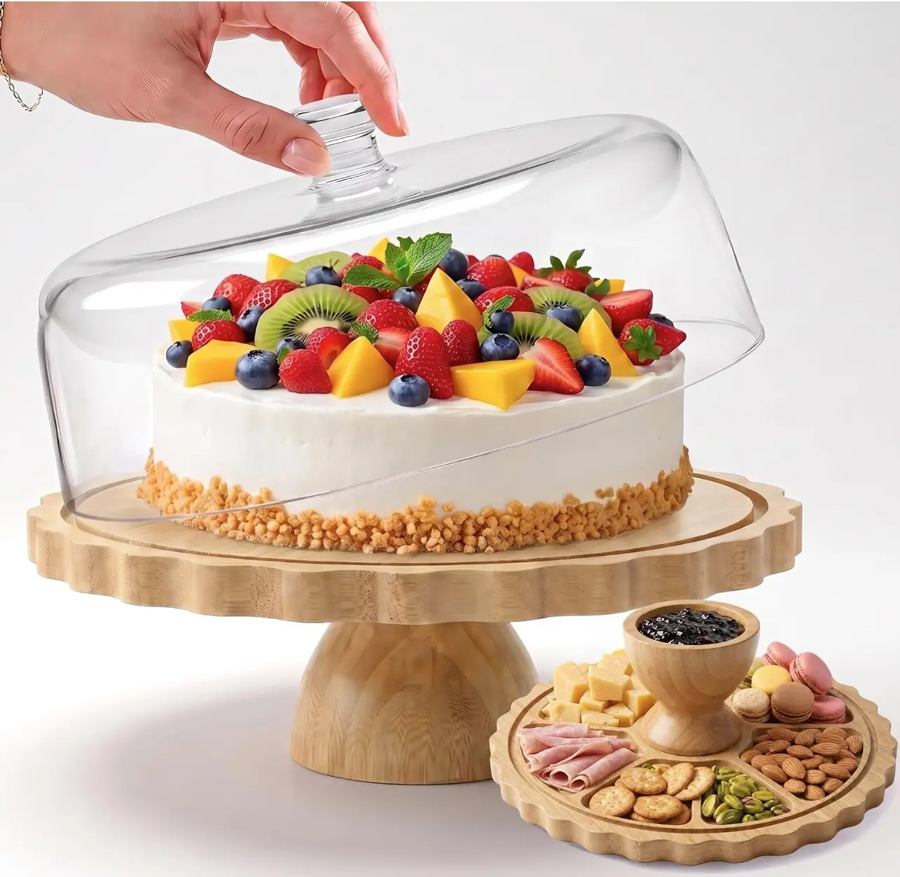 GOYLSER Bamboo Cake Stand with Lid, Round Cake Stand with Acrylic Dome, 2-In-1 Cake Holder Dessert Cake Plate Display & Charcuterie Board for Cheese, Pizza, Chips, Pastry & Dips, Fruit Platter Cake Plate Display Server Tray for Birthday Kitchen Party