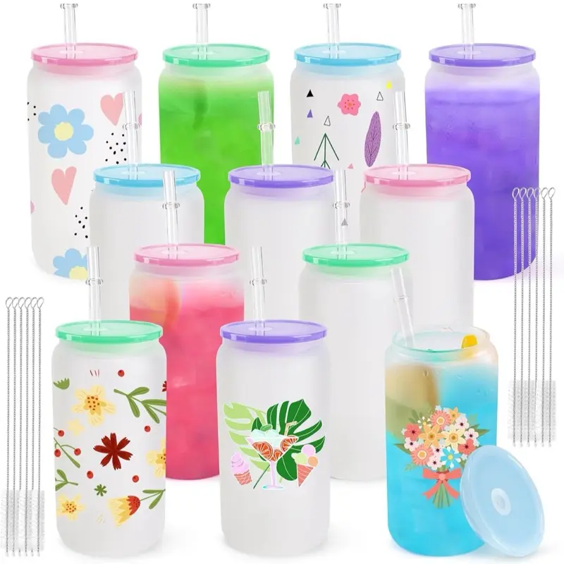 Frosted Glass Can Cup - 16oz Glass Can with Colorful Lids for Drinkware and Bottles