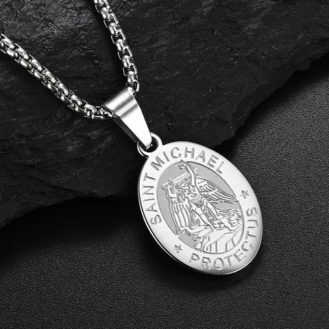 St. Michael The Archangel Pendant Necklace, Minimalist Chain Necklace for Men & Boys, Stainless Steel Jewelry for Party, Daily Clothing Decor, Trendy All-match & Exquisite Jewelry for Birthday Gift, Faith Necklace, Accessory Necklace, High End Necklace