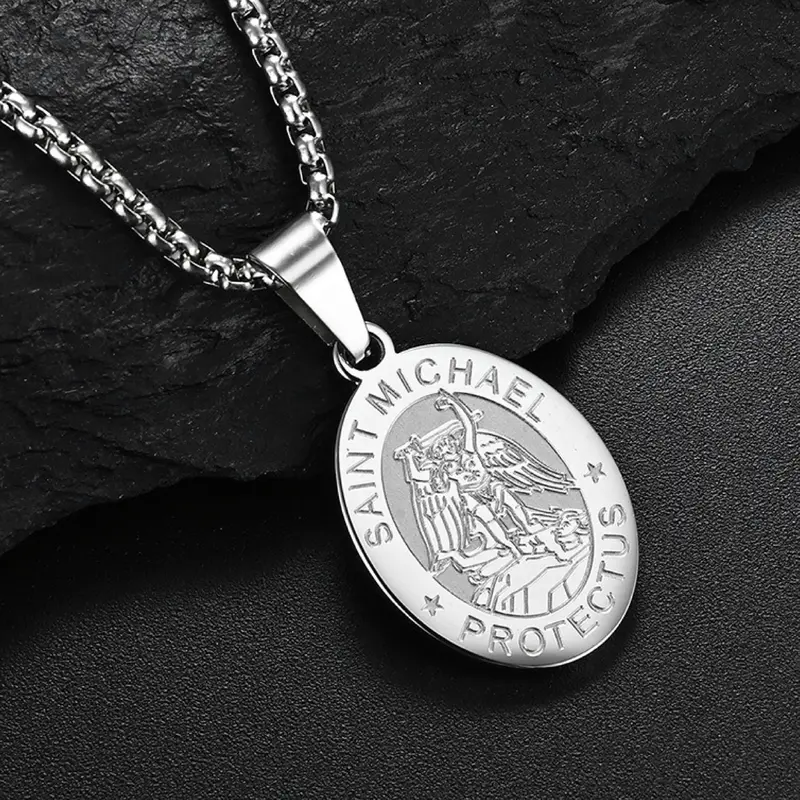 St. Michael The Archangel Pendant Necklace, Minimalist Chain Necklace for Men & Boys, Stainless Steel Jewelry for Party, Daily Clothing Decor, Trendy All-match & Exquisite Jewelry for Birthday Gift, Faith Necklace, Accessory Necklace, High End Necklace