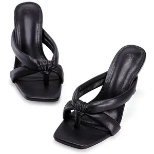 Coutgo Womens Thong Heels Mules Square Toe Heeled Flip Flops Mule Sexy Stiletto Dress Party Sandals