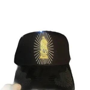 Virgen de Guadalupe Hat - Black Cap with Gold Embroidered Design and Wings Detailing
