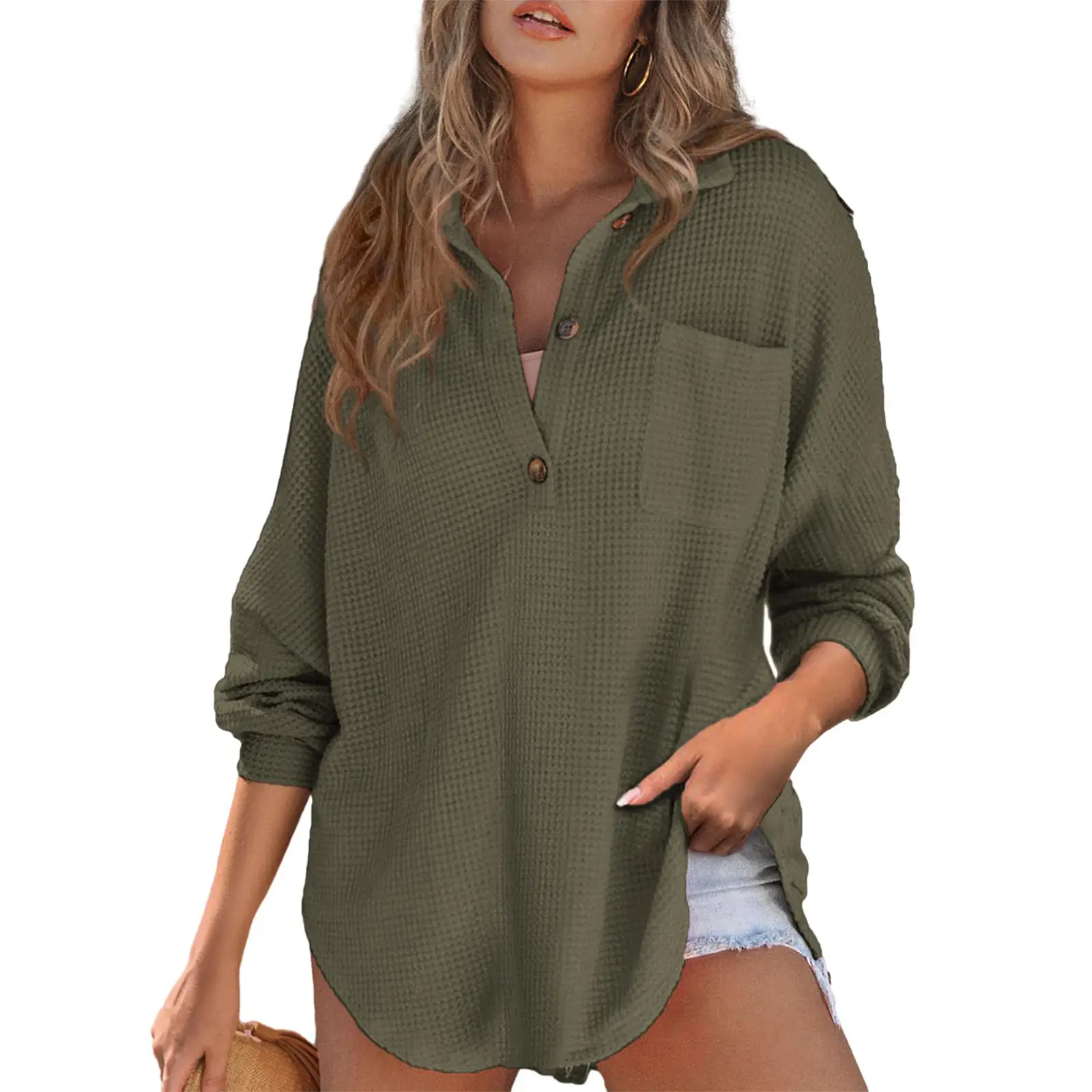 EVALESS Women's Oversized Henley Waffle Shirts Tops,Button V Neck Long Sleeve Lightweight Mesh Knitwear Tunic Blouses,2025 Womenswear Casual Fall Outf