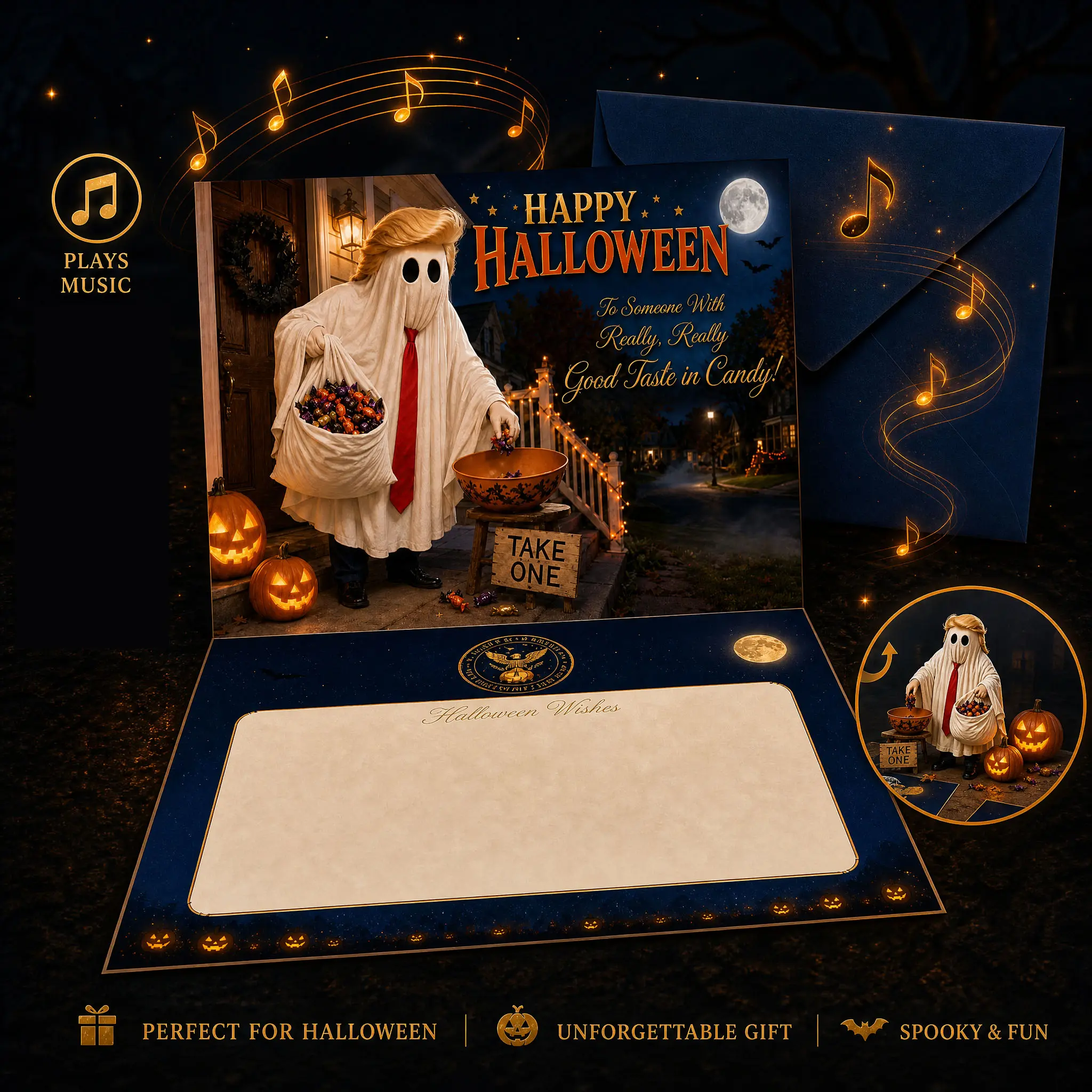 Trump Funny Halloween Music Greeting Card with Envelope, 28‑Second Playable Audio Sound Card, Spooky Novelty Prank Halloween Card, Holiday Party Gag Gift for Friends Family, 13 x 18 cm