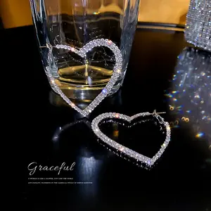 Oversized Sparkling Heart Hoop Earrings, Full Diamond Dangle Earrings, Fashion Personality & Versatile Jewelry