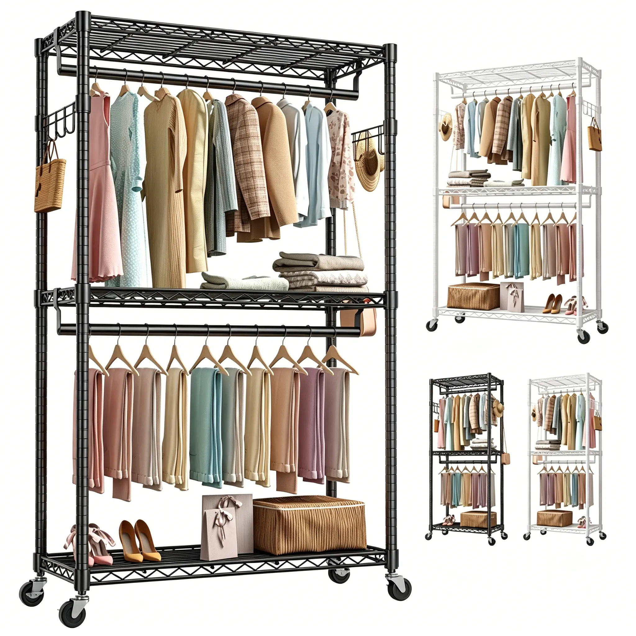 Heavy Duty Garment Rack with Lockable Wheels, Portable Rolling Closet with Adjustable Shelves & Hanging Rod & Side Hooks, Compact Space-Saving Storage for Small Apartments/Dorms (Black)29.5/45-inch rolling clothes rack with adjustable metal shelves