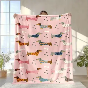 Flannel Fabric Cute Dachshund Pattern Blanket - High-Density, Soft, Warm, Multi-Size, All-Season, Artistic Design - For Sofa, Bed - Cozy Autumn Home Gift for Thanksgiving, Halloween, Christmas