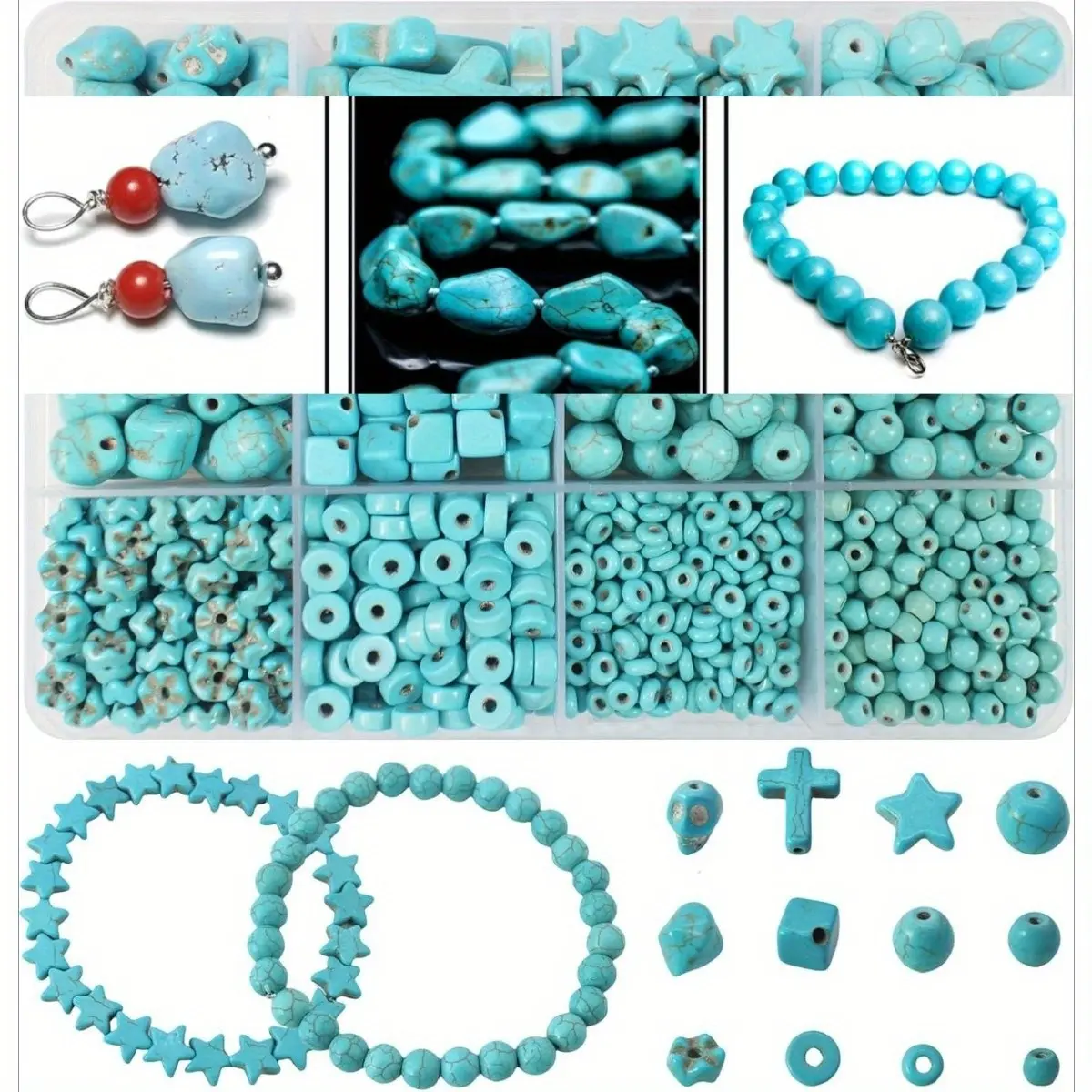 Turquoise Beads Sets for Jewerly Making one box Cross-Skull Head-Heishi Space Howlite Turquoise Rocks Stone Assorted Beads Accessories for DIY Crafts-Necklace-Charms-Bracelet
