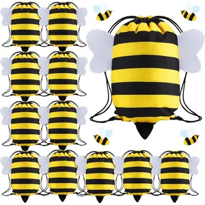 Kingdder 12 Pcs Bee Drawstring Bags Honey Bee Party Favor Bags Themed Birthday Sport Sack Gym Cloth Backpack Candy Goodie for Kids Boys Girls Animal Party Baby Shower Supply Decoration