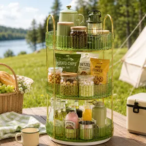 Bepatio Outdoor Storage Container for Camping & Picnic, 2/3 Tier Rotating Organizer Rack with Large Capacity, Portable Lazy Susan Storage Shelf for Chips, Cookies, Drinks & BBQ Essentials, Outdoor Party Table Organizer for Beach, Kitchen & Gatherings