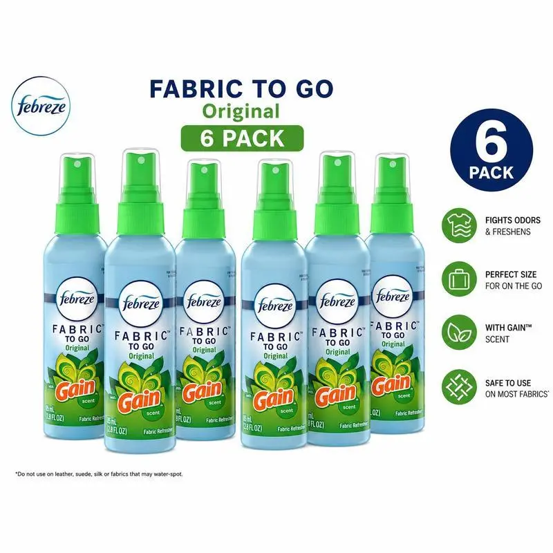 [6 Pack] Febreze Fabric To Go with Gain Original Scent Fabric Refresher Spray, 2.8 fl oz [85mL] Each, Portable Odor Eliminator & Fabric Freshener for Travel, Car, Office & Home