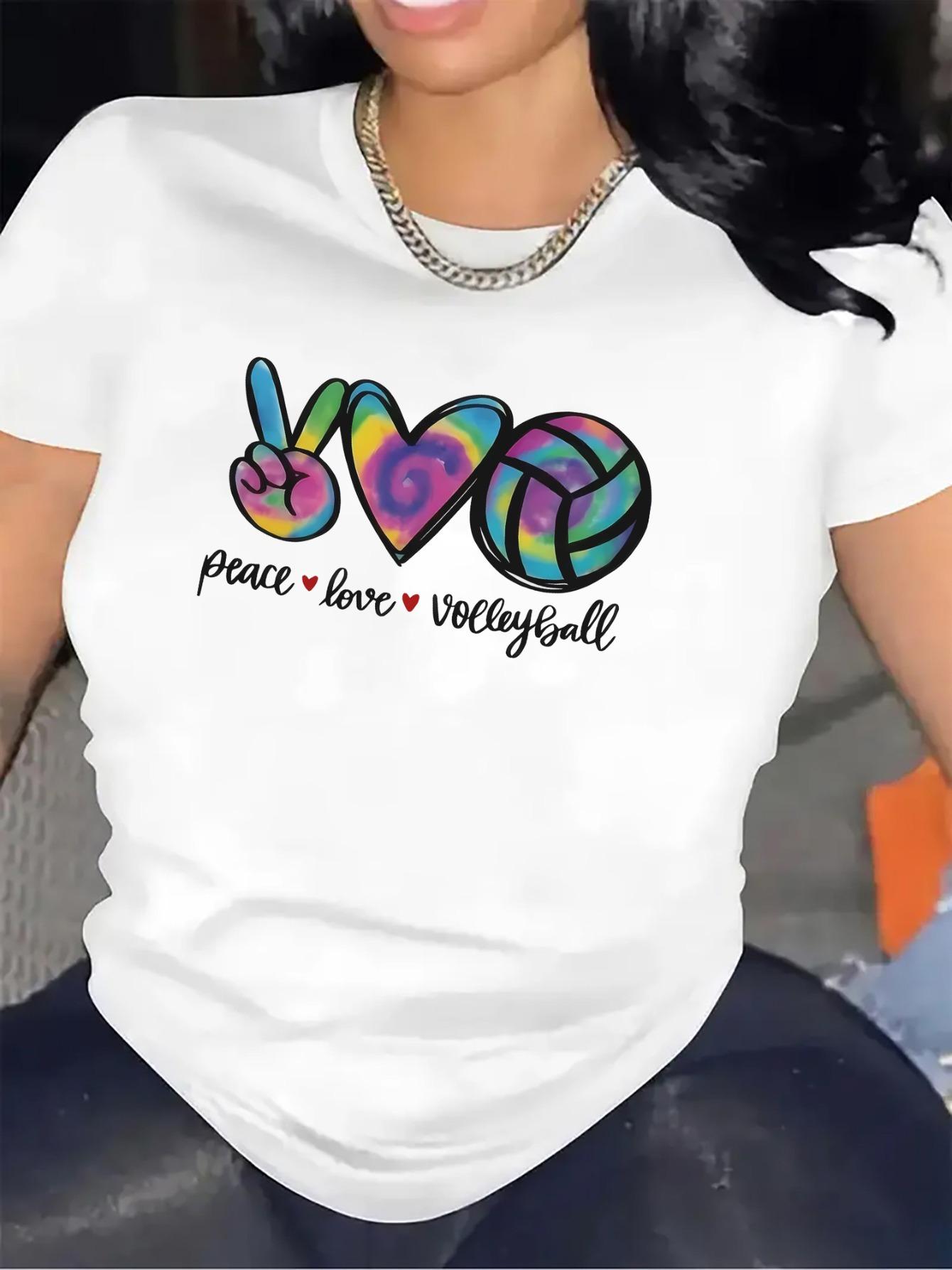 Polyester T-Shirt with Peace Love Volleyball Design for Sports Enthusiasts, Lightweight Durable Fabric Ideal for Gym Wear, Casual Outdoor Activities, Comfortable Fit for Everyday Use, Stylish Graphic Tee for Women