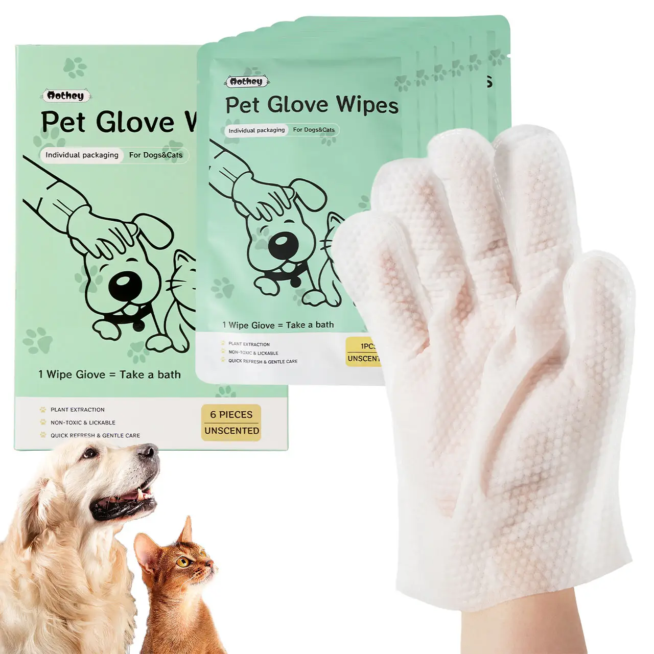 Aothey 6PCS Pet Glove Wipes for Dogs & Cats,Hypoallergenic Pet Wipes Disposable No-Rinse Grooming,6pcs Kitty Fathersdaygift