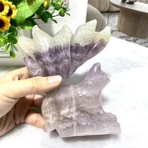 IG Crystal 1 Count Amethyst Nine-tailed Fox Crystal Carving Healing Stones Natural Stone Chakra Balancing Reiki Home Office Decor