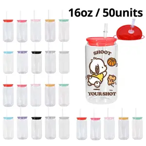 50 Pack 16oz  Single Wall Transparent Acrylic Plastic Cups with Colorful PP Lids USA Warehouse Drinkware Bottles for Water & Beverages