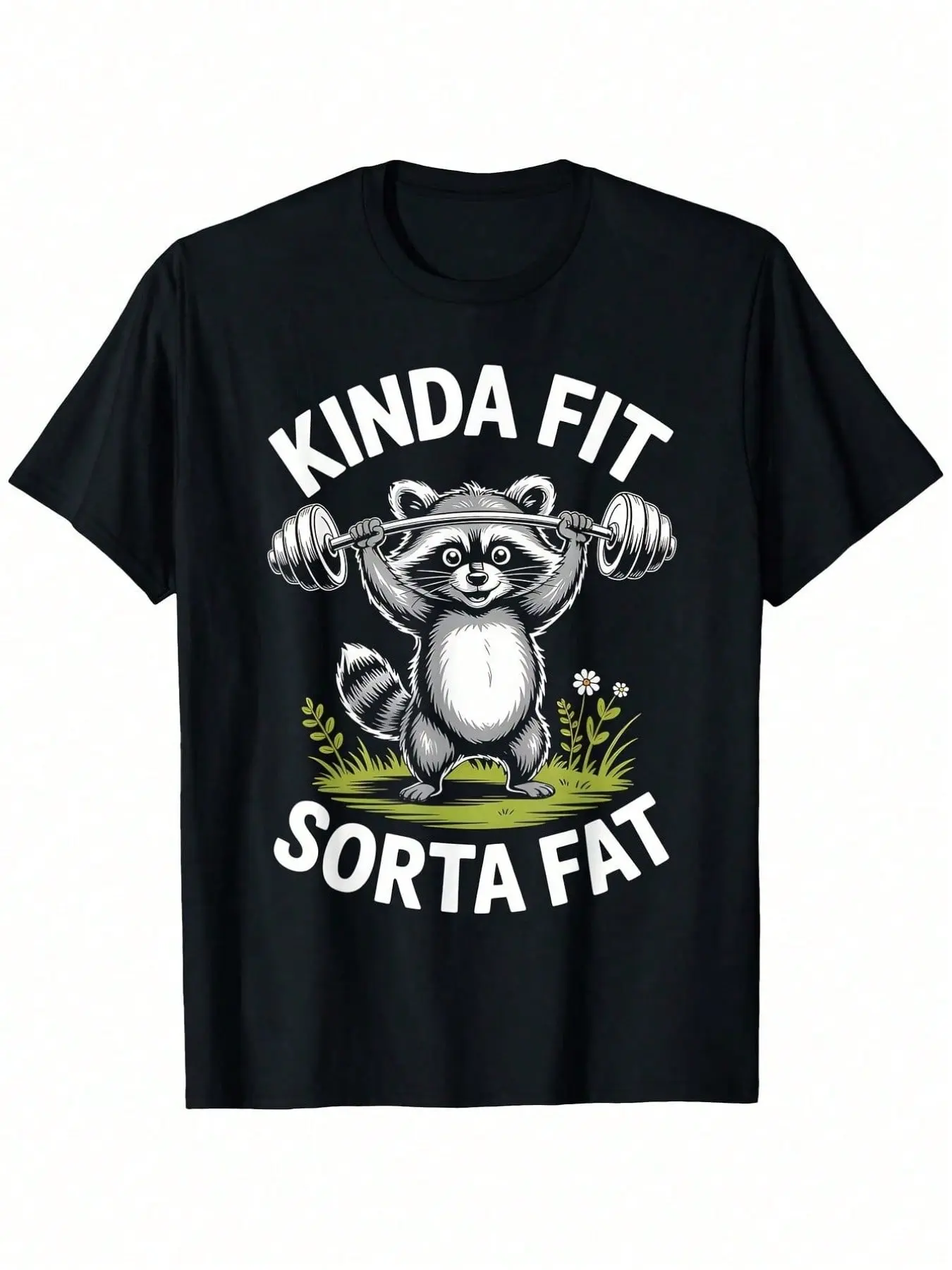 Women's Fitted Short Sleeve Funny Gym T-Shirt - Kinda Fit Sorta Fat Weightlifting Raccoon Graphic Print Workout Shirt - Lightweight All-Season Muscle Raccoon Top, Cotton
