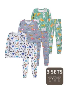 Boys' 3-Pack 6-Piece Set Full Print Animal Pattern Fall/Winter Crew Neck Long Sleeve Pajamas & Loungewear Set