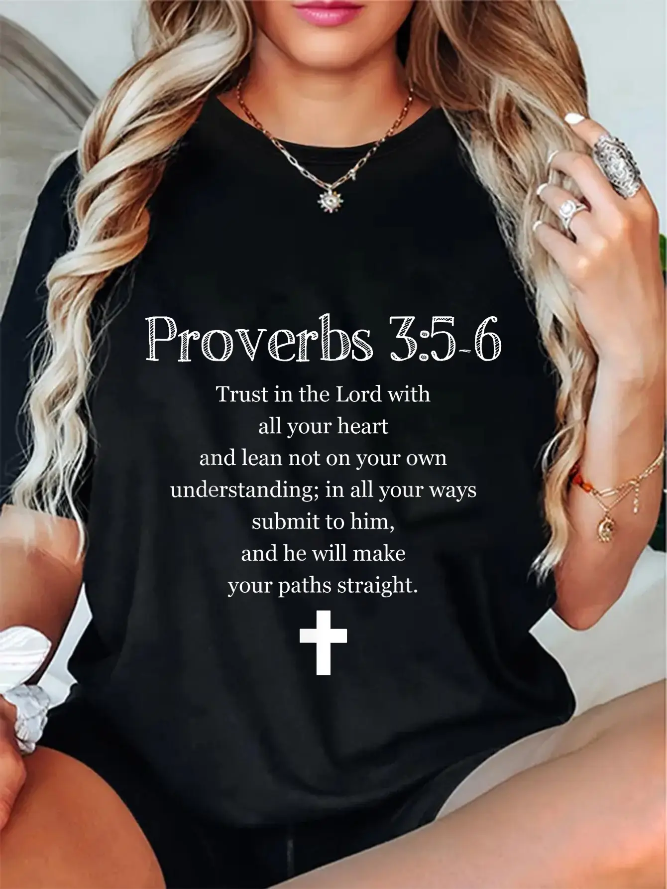 Women's Christian Graphic T-Shirt - Casual 100% Cotton Everyday Tee with Proverbs 3:5-6 Scripture, Short Sleeve Round Neck, Shortsleeve, Tops, Bible Verse Graphic Women's T-Shirts, Faith Message Women's T-Shirts