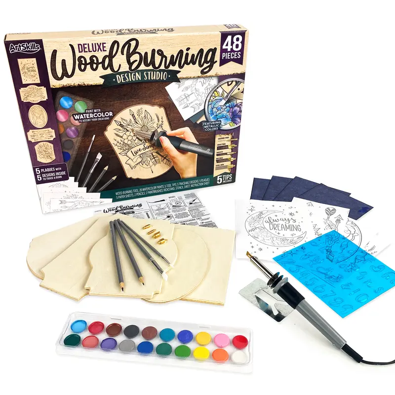 ArtSkills Wood Burning Kit for Beginners - DIY Pyrography Wood Engraving Art Kit with Burner Pen, Stencils, Watercolor Paints - 48 Piece DIY Woodburning Tool Kit, Recommended for Teens and Adults