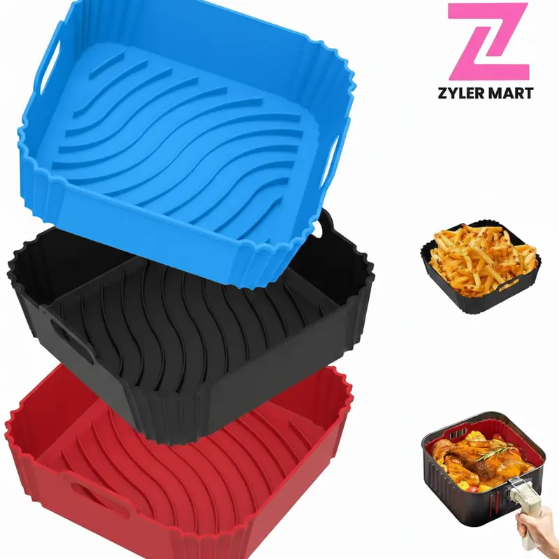 3-Pack Square Silicone Air Fryer Liners - Reusable, Heat-Resistant, Dishwasher-Safe, Easy to Clean, Reheating-Ready - Fits 3-5,4-6,5-9,8-10 QT Air Fryers, Ovens - Kitchen Appliance Parts for Home Cooks, Boosts Cooking Efficiency