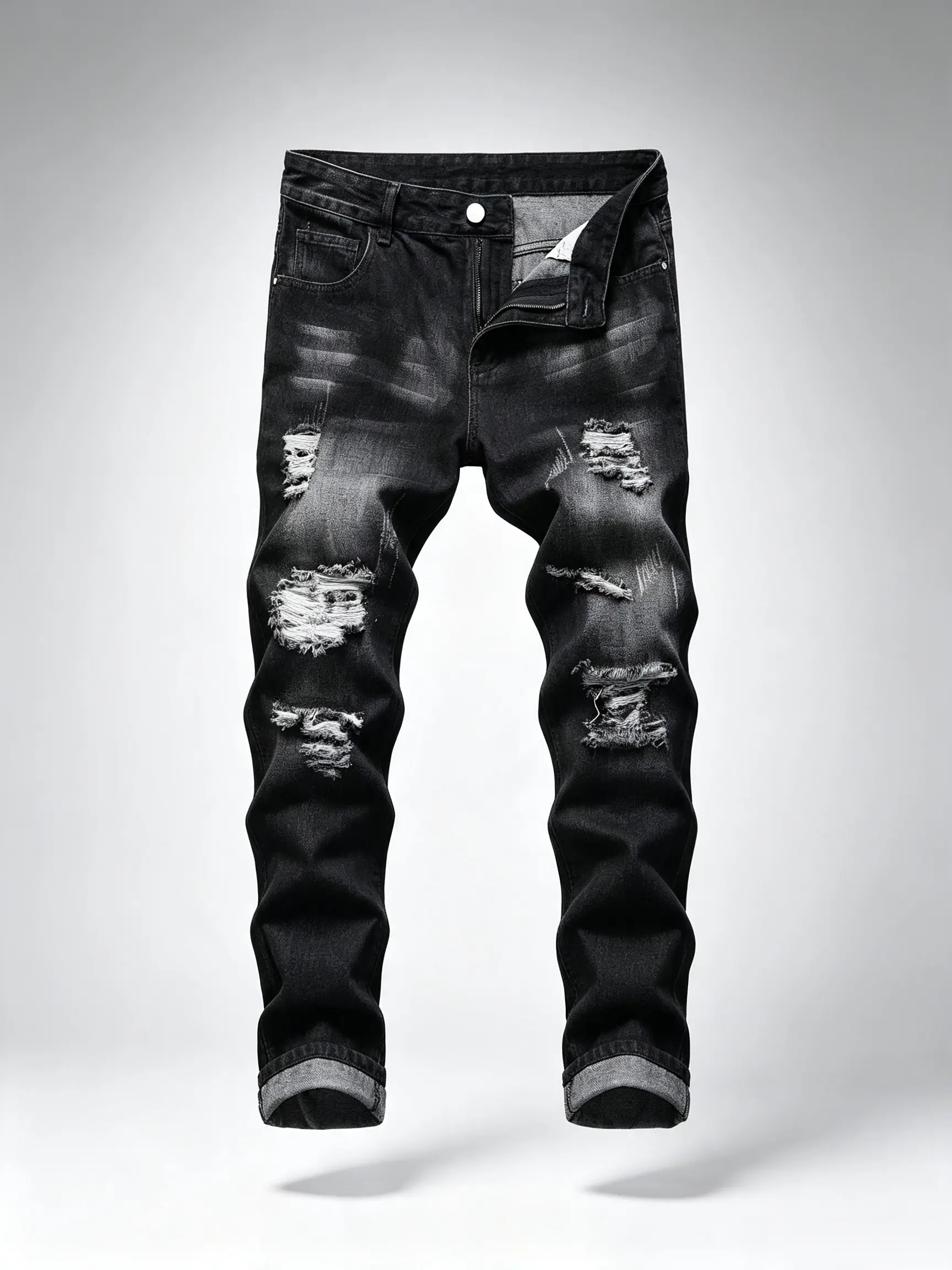 Men's Slim Fit Ripped Jeans, Skinny Cut in Soft Stretch Denim Fabric with Distressed Details and 5 Pockets, Smooth, Zipper, Fashion