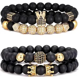 Crown King 4Pcs 8mm Black Matte Onyx Stone Beads Bracelet Set for Men Women Elastic Adjustable Fashion Jewelry Gift Daily Durability