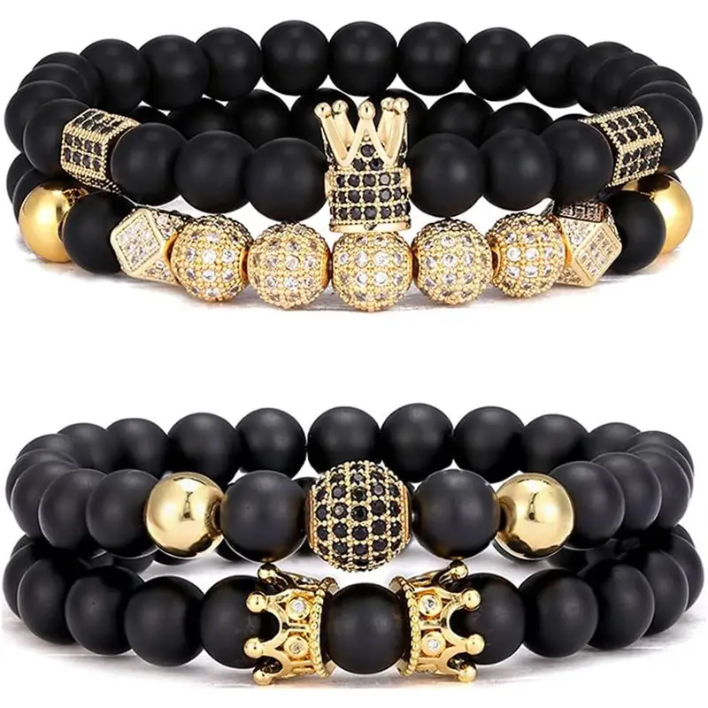 4Pcs 8mm Black Matte Beaded Bracelets for Men, Gold Crown CZ Pave Stretch Bracelet Set, Stackable Statement Jewelry Gift