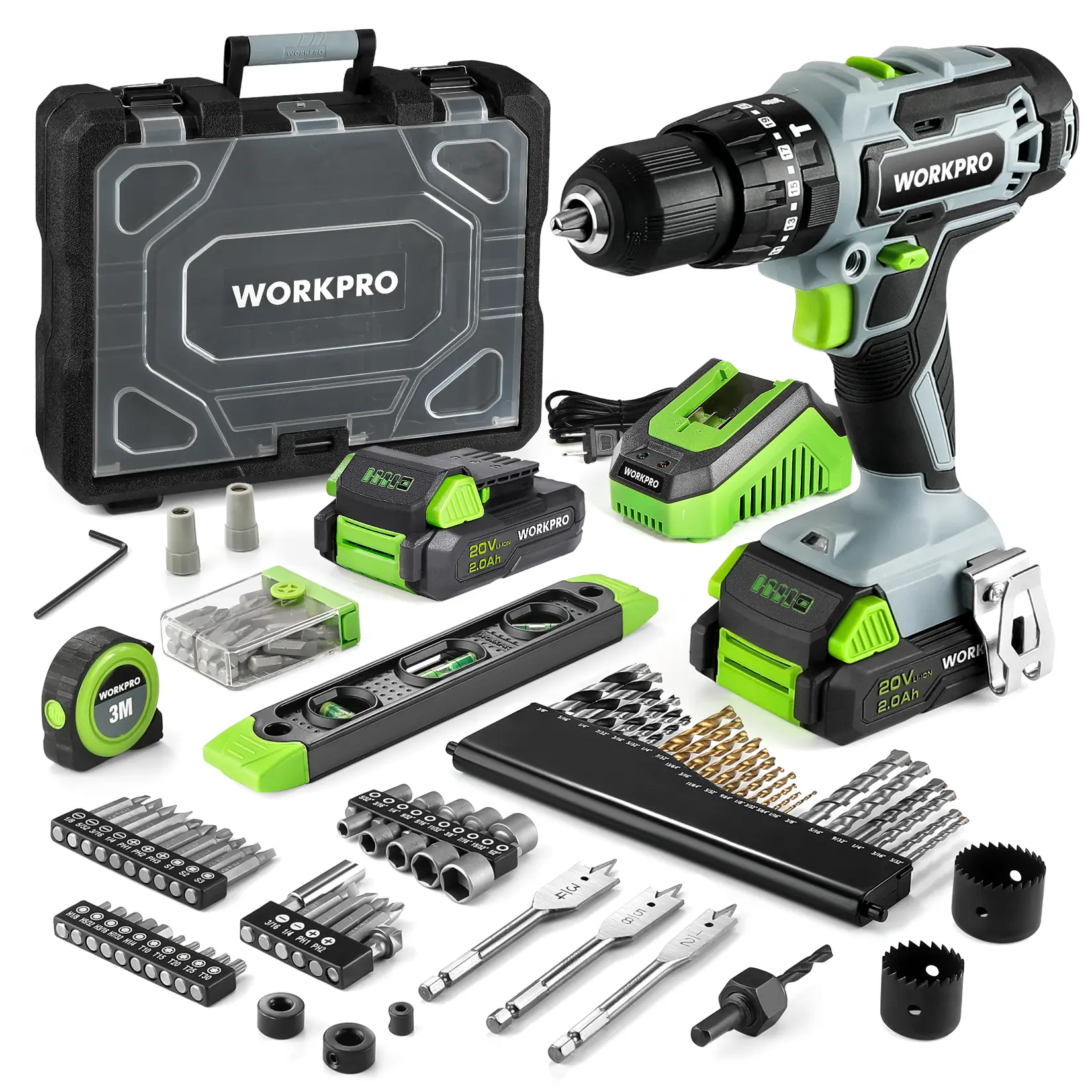 #fathersdaygift WORKPRO 20V Max Cordless Drill Driver Set, Electric Power Impact Drill Tool with 102 Pieces Accessories, 1/2'' Chuck Impact Drill Kit with Portable Case, 2 x 2.0Ah Li-ion Batteries with Fast Charger